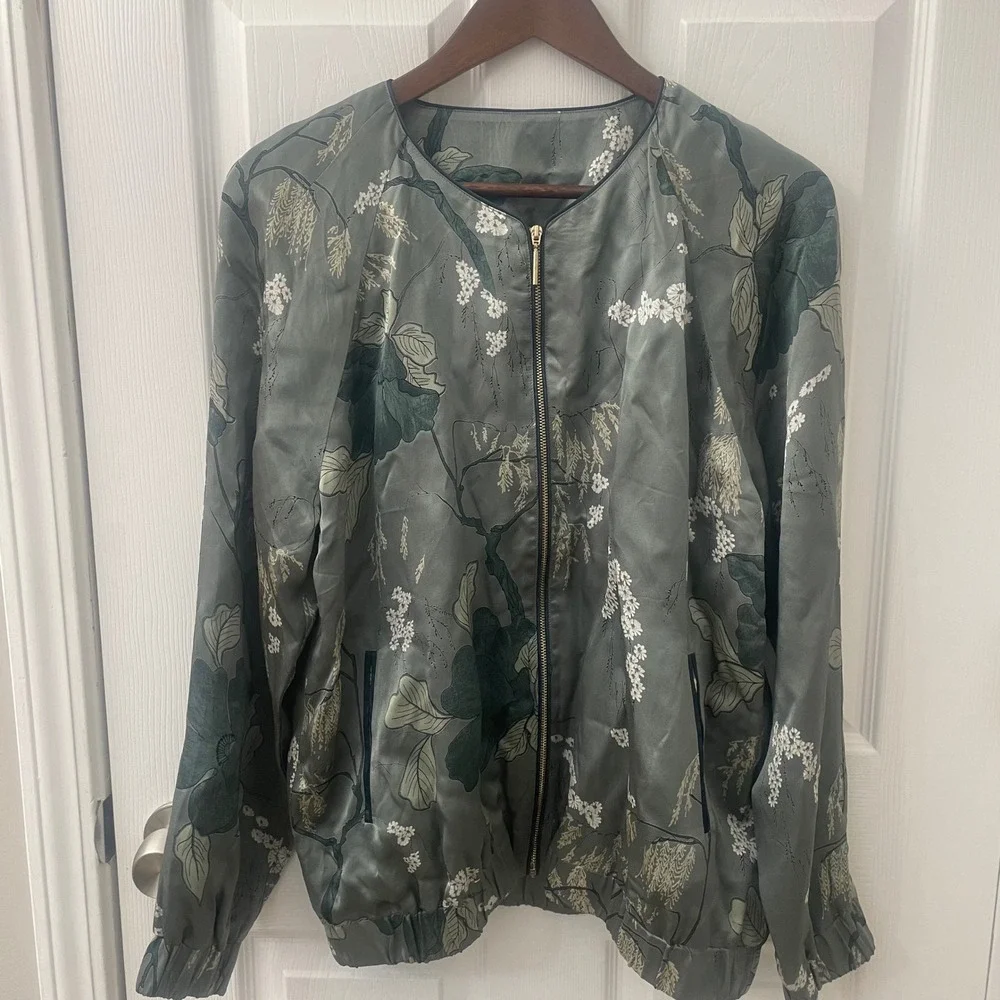 Rituals Satin Floral Bomber Jacket XL Sage Green Art -to- Wear Art Teacher